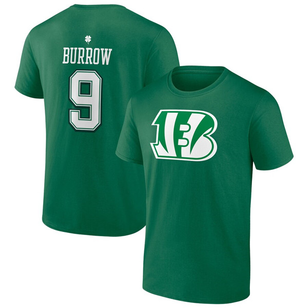 Men's Cincinnati Bengals #9 Joe Burrow Green St. Patrick's Day Icon Player T-Shirt Men's Cincinnati Bengals #9 Joe Burrow Green St. Patrick's Day Icon Player T-Shirt